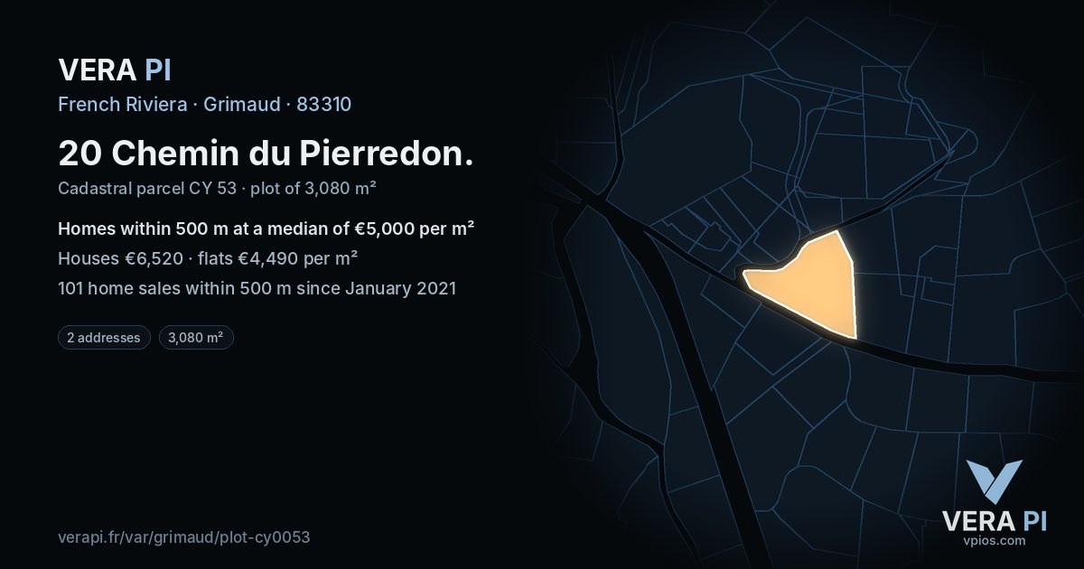 20 Chemin du Pierredon, Grimaud at night – the plot lit, the parcels around coloured by the prices near them