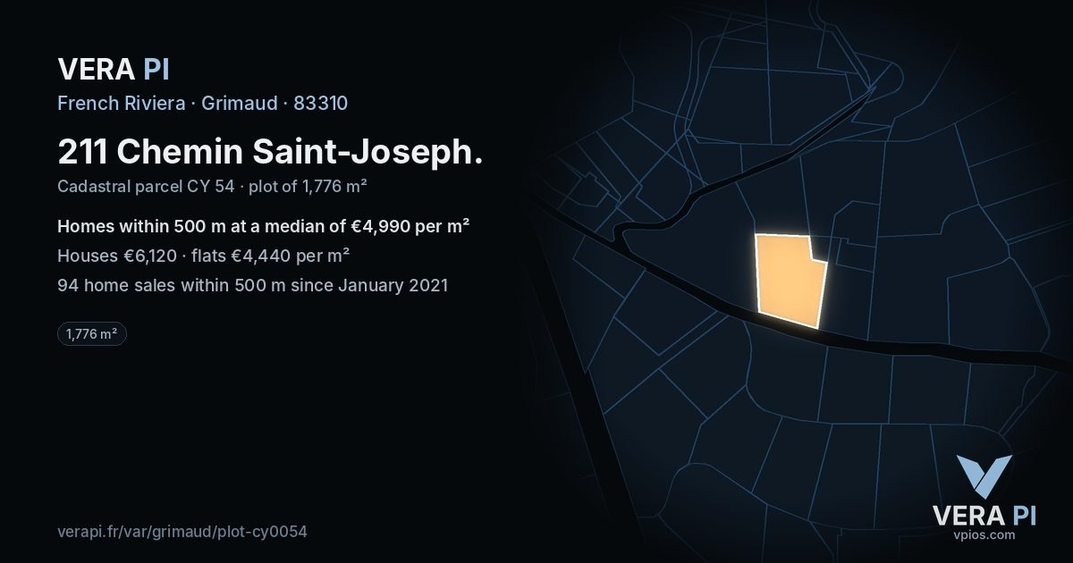 211 Chemin Saint-Joseph, Grimaud at night – the plot lit, the parcels around coloured by the prices near them
