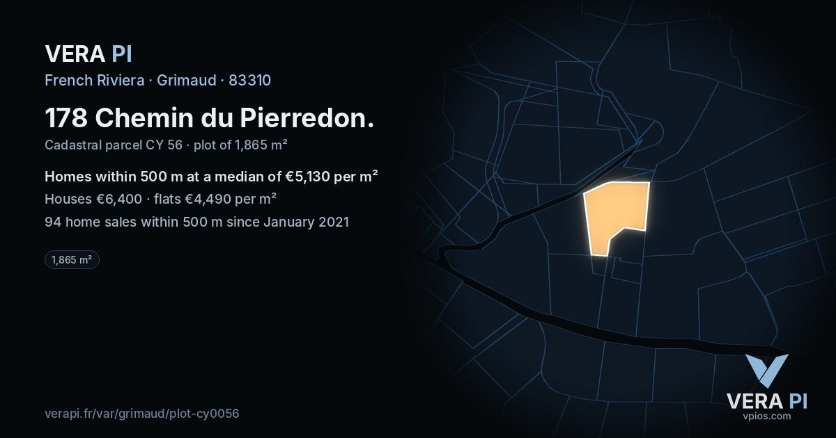 178 Chemin du Pierredon, Grimaud at night – the plot lit, the parcels around coloured by the prices near them
