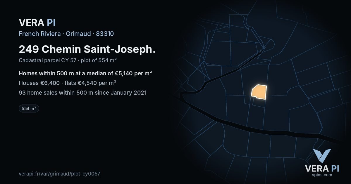 249 Chemin Saint-Joseph, Grimaud at night – the plot lit, the parcels around coloured by the prices near them