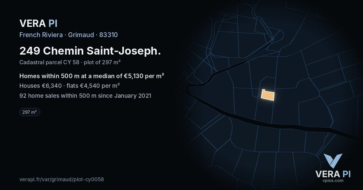 249 Chemin Saint-Joseph, Grimaud at night – the plot lit, the parcels around coloured by the prices near them