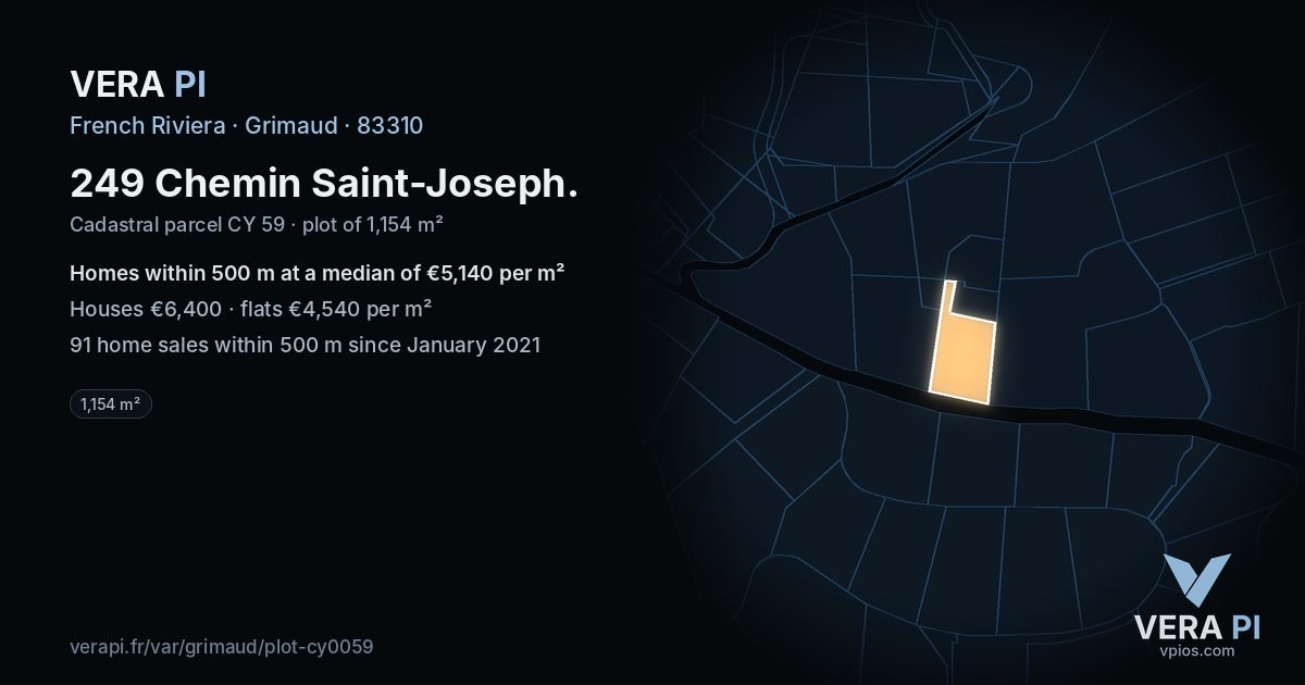 249 Chemin Saint-Joseph, Grimaud at night – the plot lit, the parcels around coloured by the prices near them