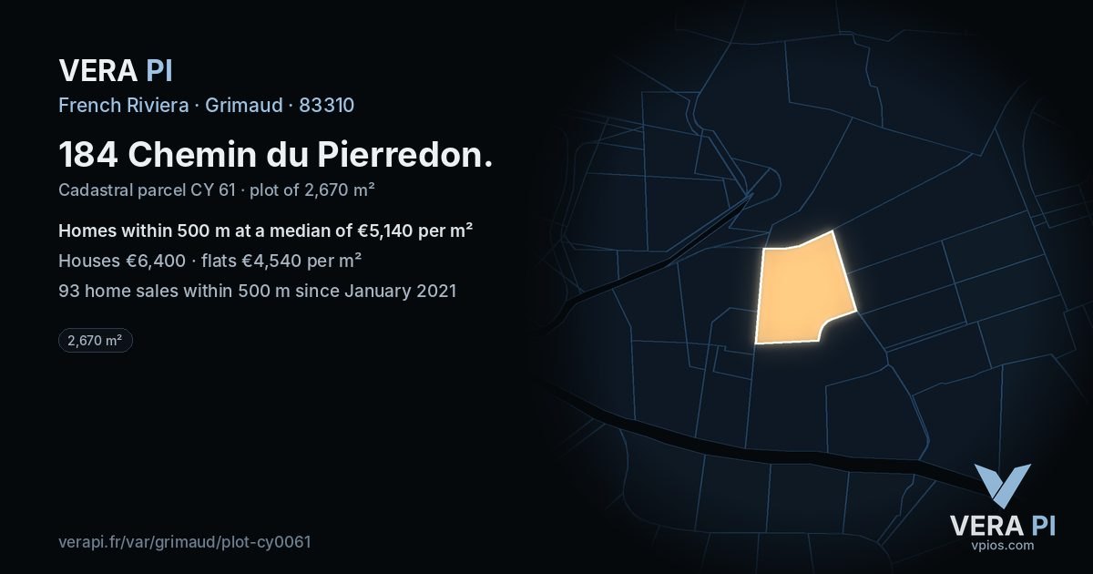 184 Chemin du Pierredon, Grimaud at night – the plot lit, the parcels around coloured by the prices near them