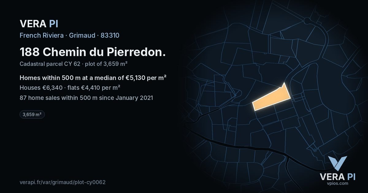 188 Chemin du Pierredon, Grimaud at night – the plot lit, the parcels around coloured by the prices near them