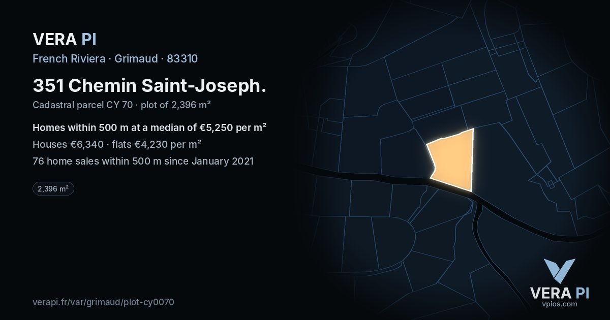 351 Chemin Saint-Joseph, Grimaud at night – the plot lit, the parcels around coloured by the prices near them