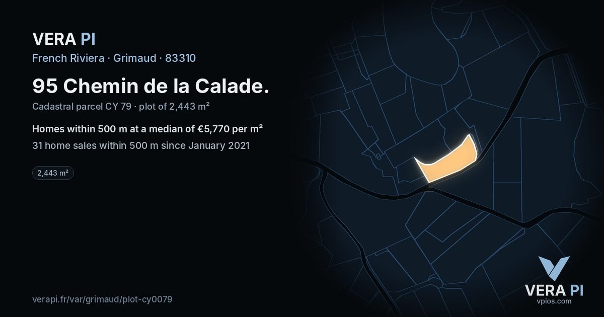 95 Chemin de la Calade, Grimaud at night – the plot lit, the parcels around coloured by the prices near them