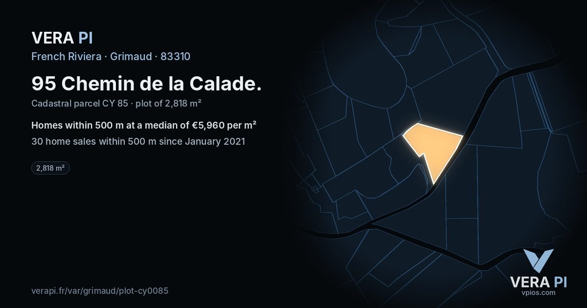 95 Chemin de la Calade, Grimaud at night – the plot lit, the parcels around coloured by the prices near them