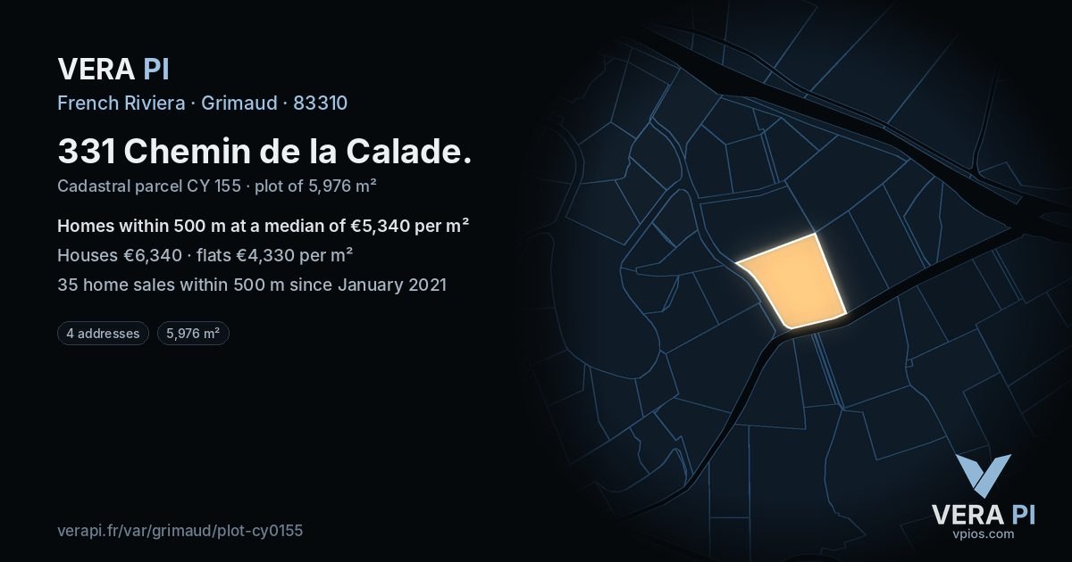331 Chemin de la Calade, Grimaud at night – the plot lit, the parcels around coloured by the prices near them