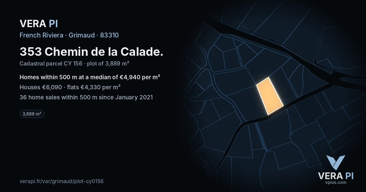 353 Chemin de la Calade, Grimaud at night – the plot lit, the parcels around coloured by the prices near them