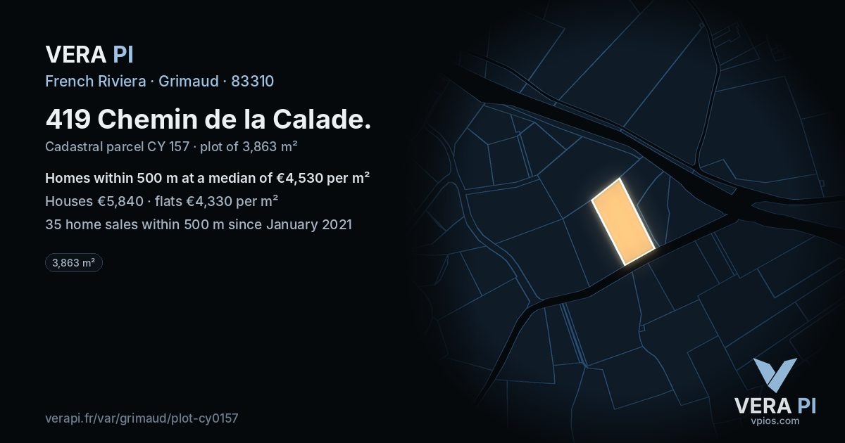 419 Chemin de la Calade, Grimaud at night – the plot lit, the parcels around coloured by the prices near them