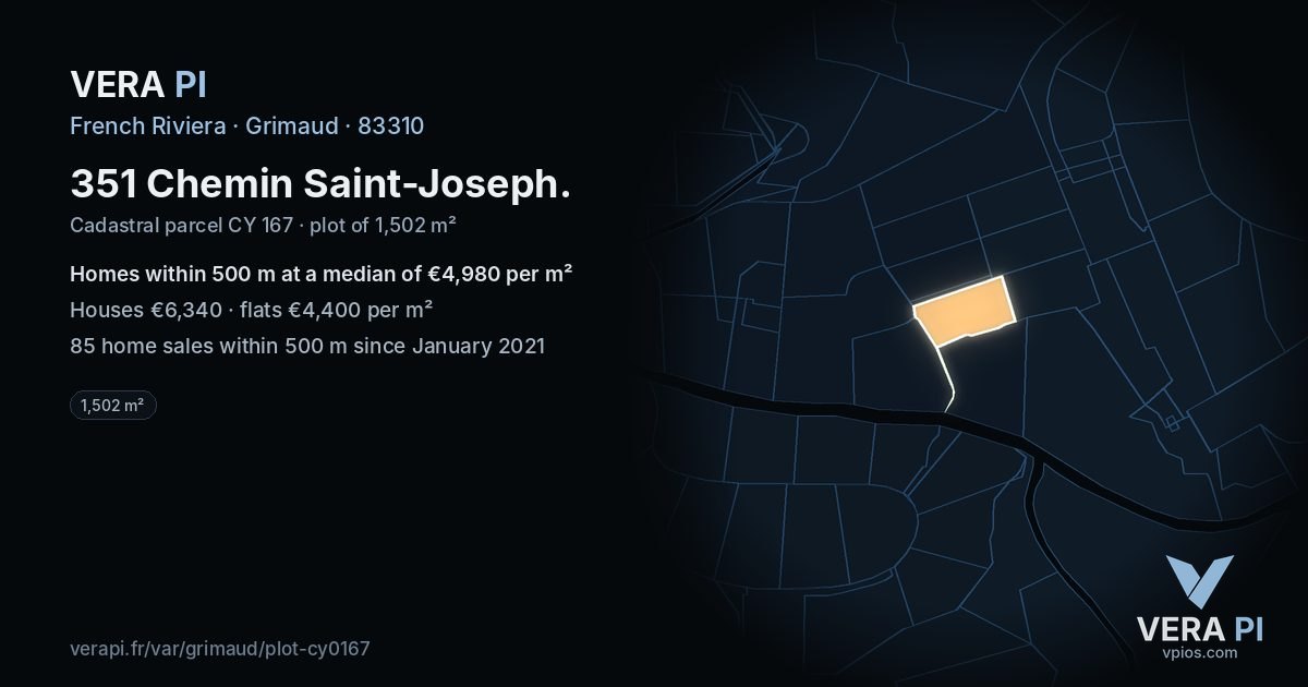 351 Chemin Saint-Joseph, Grimaud at night – the plot lit, the parcels around coloured by the prices near them