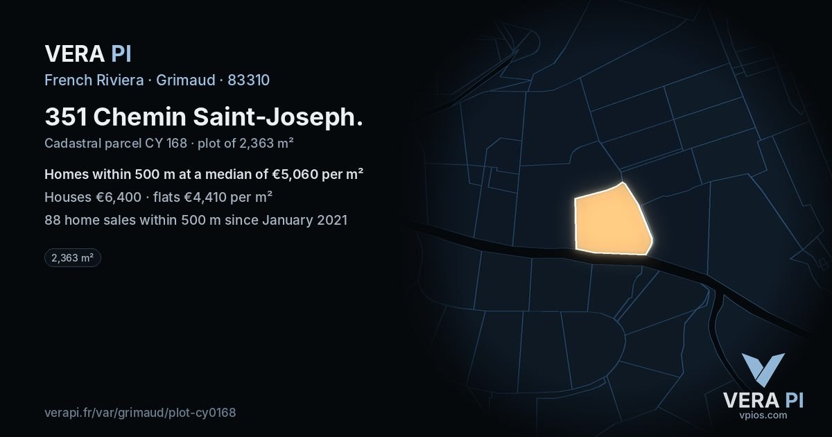 351 Chemin Saint-Joseph, Grimaud at night – the plot lit, the parcels around coloured by the prices near them