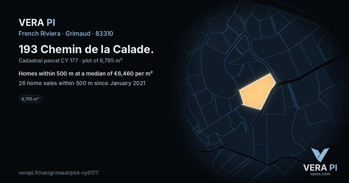 193 Chemin de la Calade, Grimaud at night – the plot lit, the parcels around coloured by the prices near them
