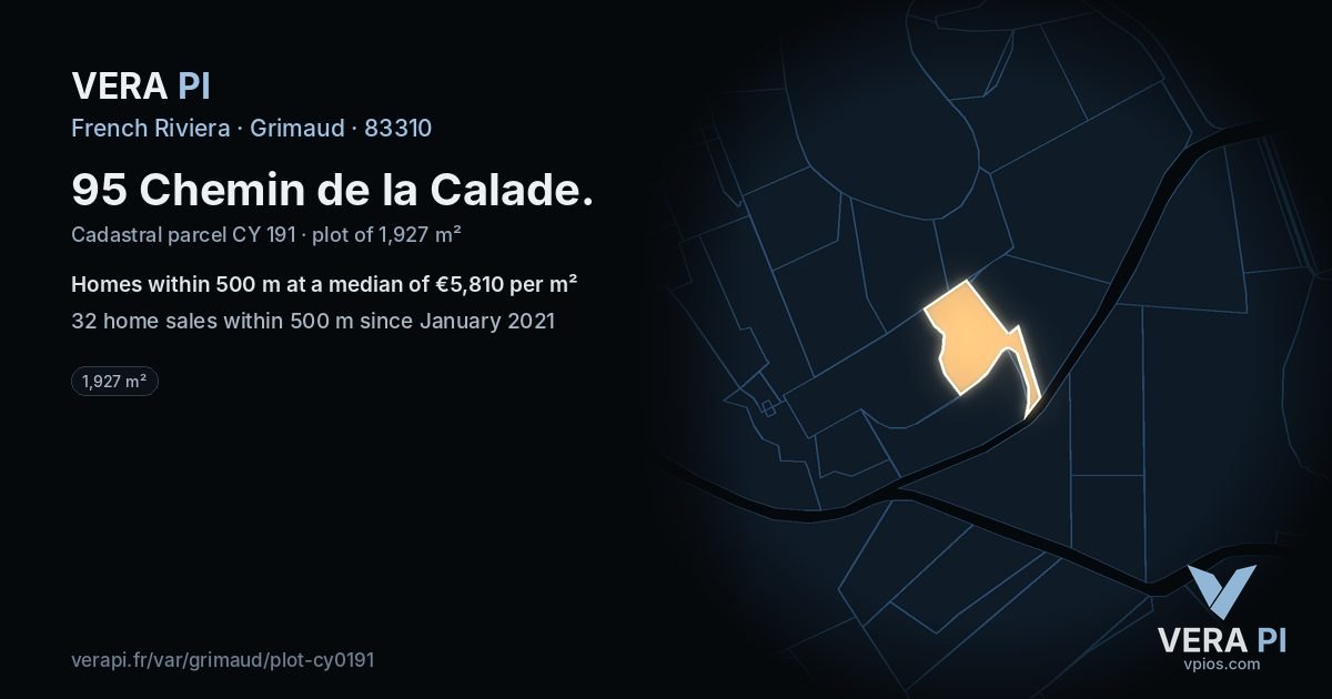95 Chemin de la Calade, Grimaud at night – the plot lit, the parcels around coloured by the prices near them
