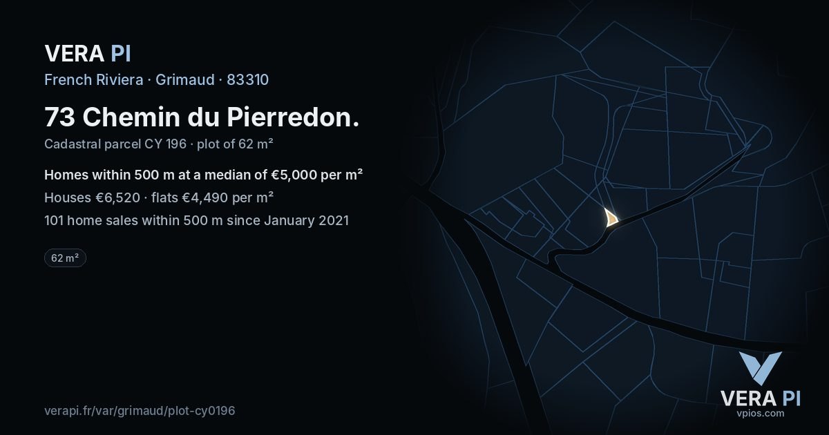 73 Chemin du Pierredon, Grimaud at night – the plot lit, the parcels around coloured by the prices near them