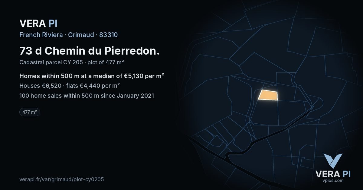 73 d Chemin du Pierredon, Grimaud at night – the plot lit, the parcels around coloured by the prices near them