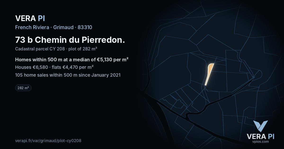 73 b Chemin du Pierredon, Grimaud at night – the plot lit, the parcels around coloured by the prices near them
