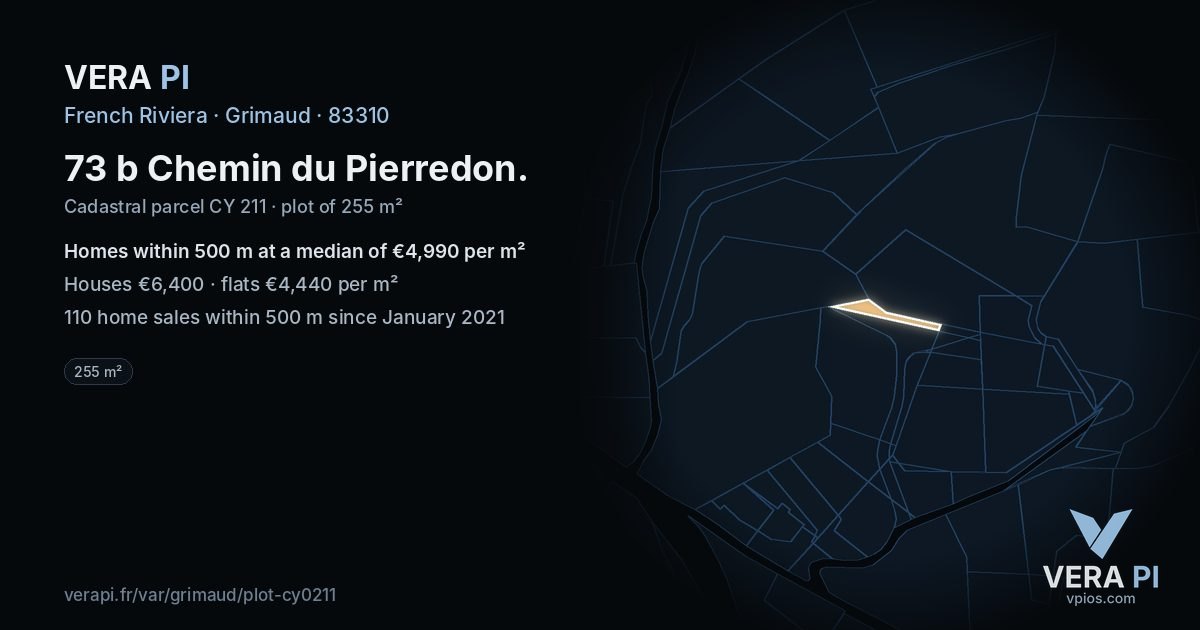 73 b Chemin du Pierredon, Grimaud at night – the plot lit, the parcels around coloured by the prices near them