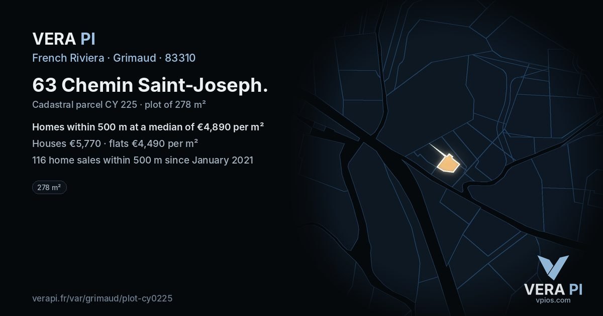 63 Chemin Saint-Joseph, Grimaud at night – the plot lit, the parcels around coloured by the prices near them