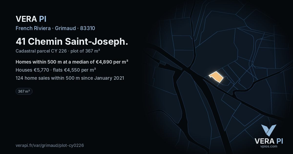 41 Chemin Saint-Joseph, Grimaud at night – the plot lit, the parcels around coloured by the prices near them