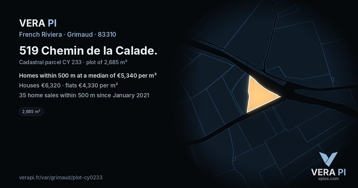 519 Chemin de la Calade, Grimaud at night – the plot lit, the parcels around coloured by the prices near them