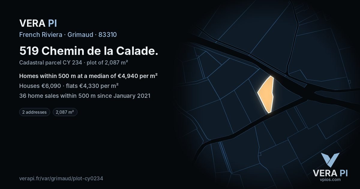 519 Chemin de la Calade, Grimaud at night – the plot lit, the parcels around coloured by the prices near them