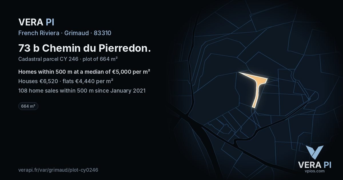 73 b Chemin du Pierredon, Grimaud at night – the plot lit, the parcels around coloured by the prices near them