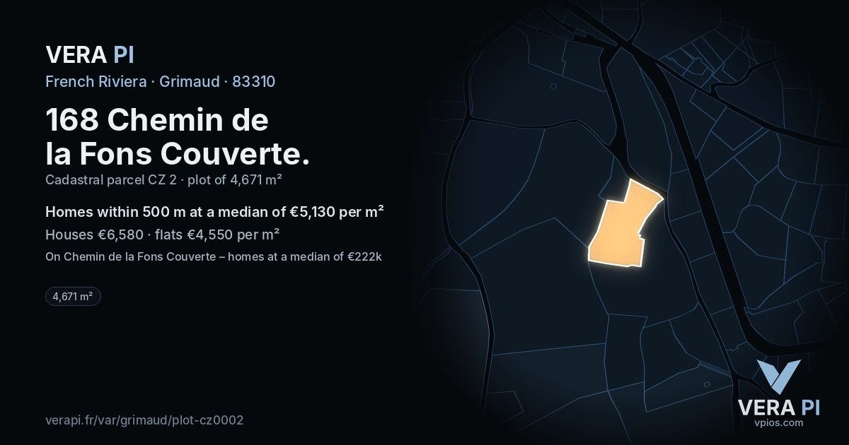 168 Chemin de la Fons Couverte, Grimaud at night – the plot lit, the parcels around coloured by the prices near them
