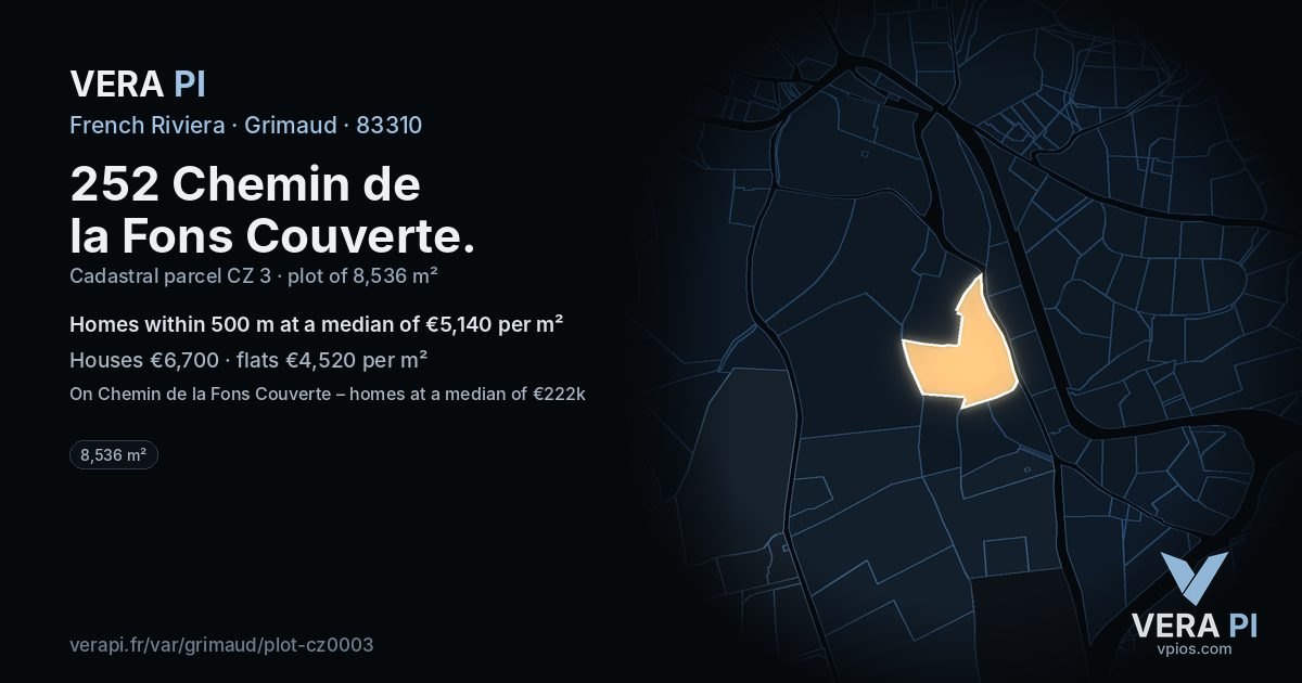 252 Chemin de la Fons Couverte, Grimaud at night – the plot lit, the parcels around coloured by the prices near them