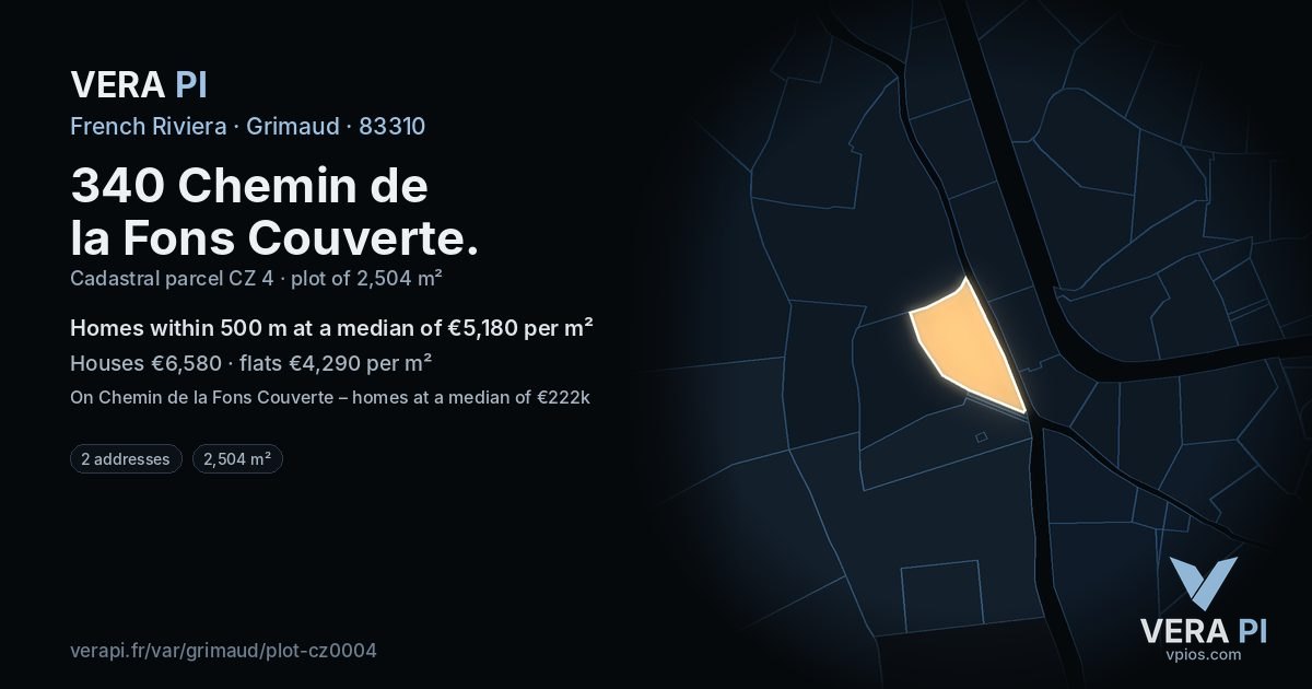 340 Chemin de la Fons Couverte, Grimaud at night – the plot lit, the parcels around coloured by the prices near them