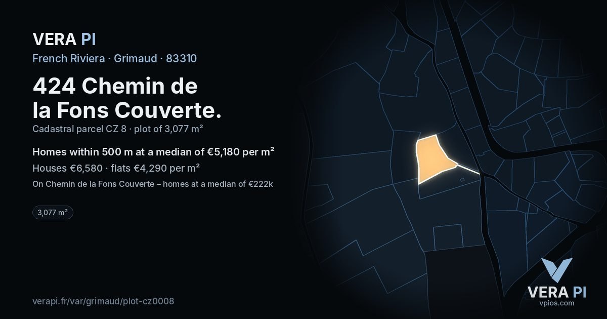 424 Chemin de la Fons Couverte, Grimaud at night – the plot lit, the parcels around coloured by the prices near them
