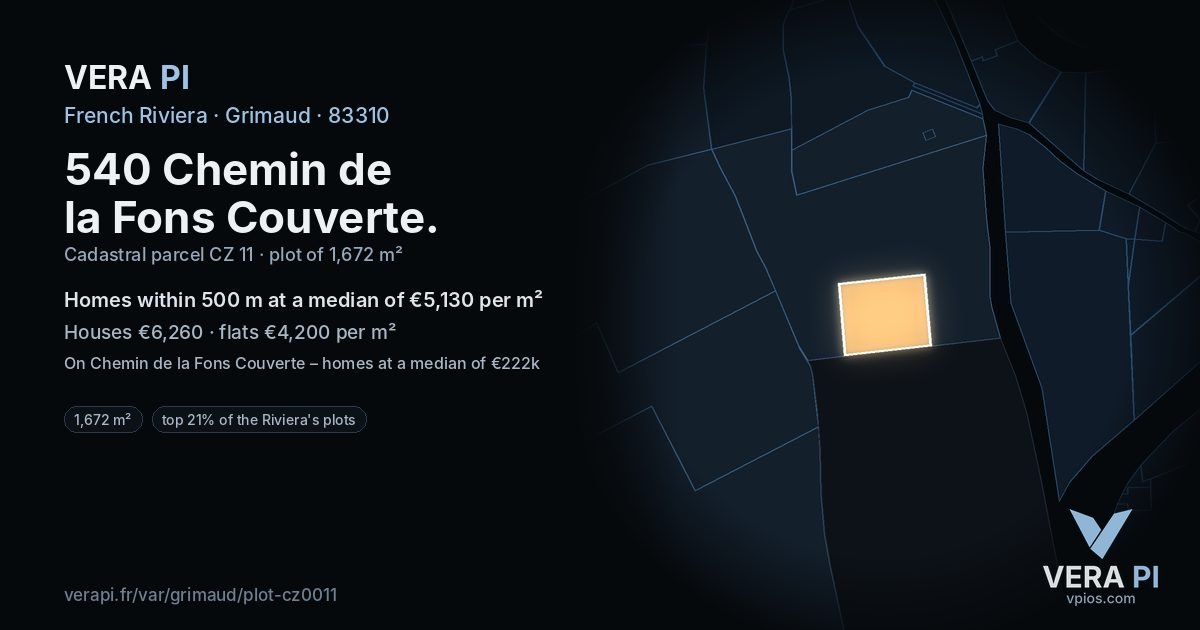 540 Chemin de la Fons Couverte, Grimaud at night – the plot lit, the parcels around coloured by the prices near them