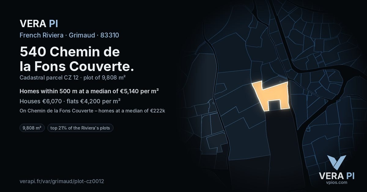 540 Chemin de la Fons Couverte, Grimaud at night – the plot lit, the parcels around coloured by the prices near them