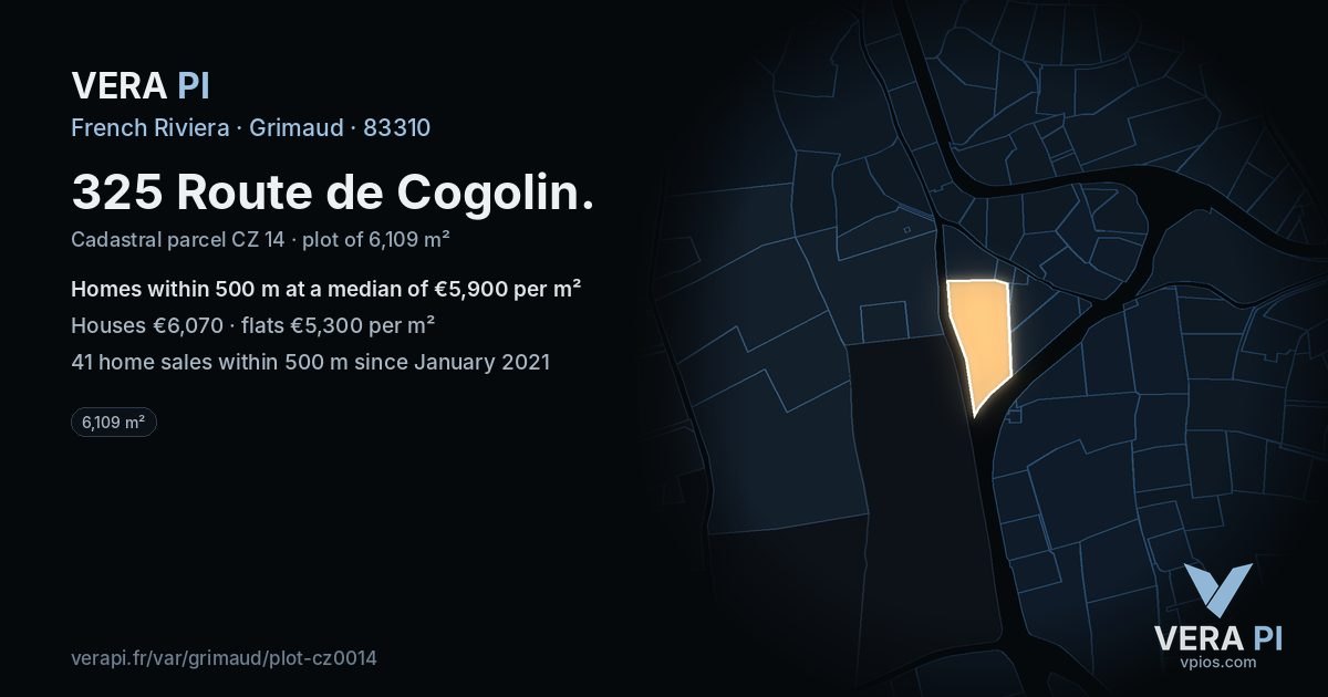 325 Route de Cogolin, Grimaud at night – the plot lit, the parcels around coloured by the prices near them