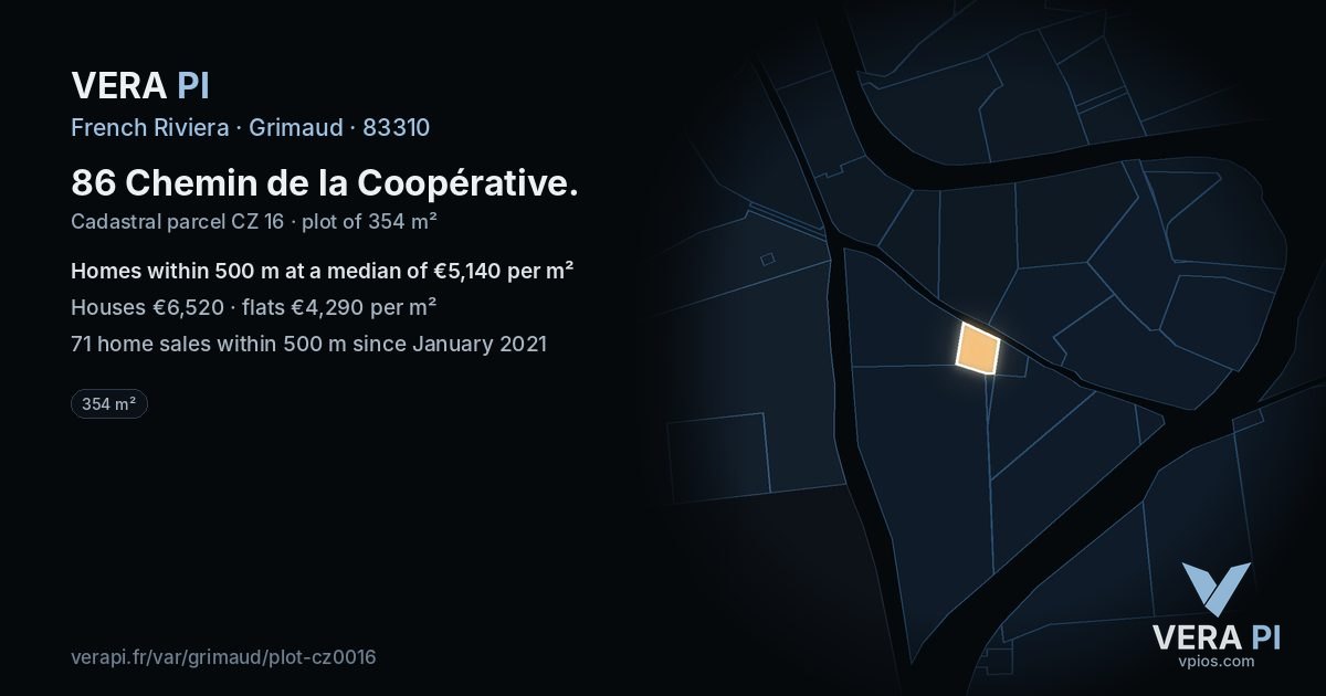 86 Chemin de la Coopérative, Grimaud at night – the plot lit, the parcels around coloured by the prices near them