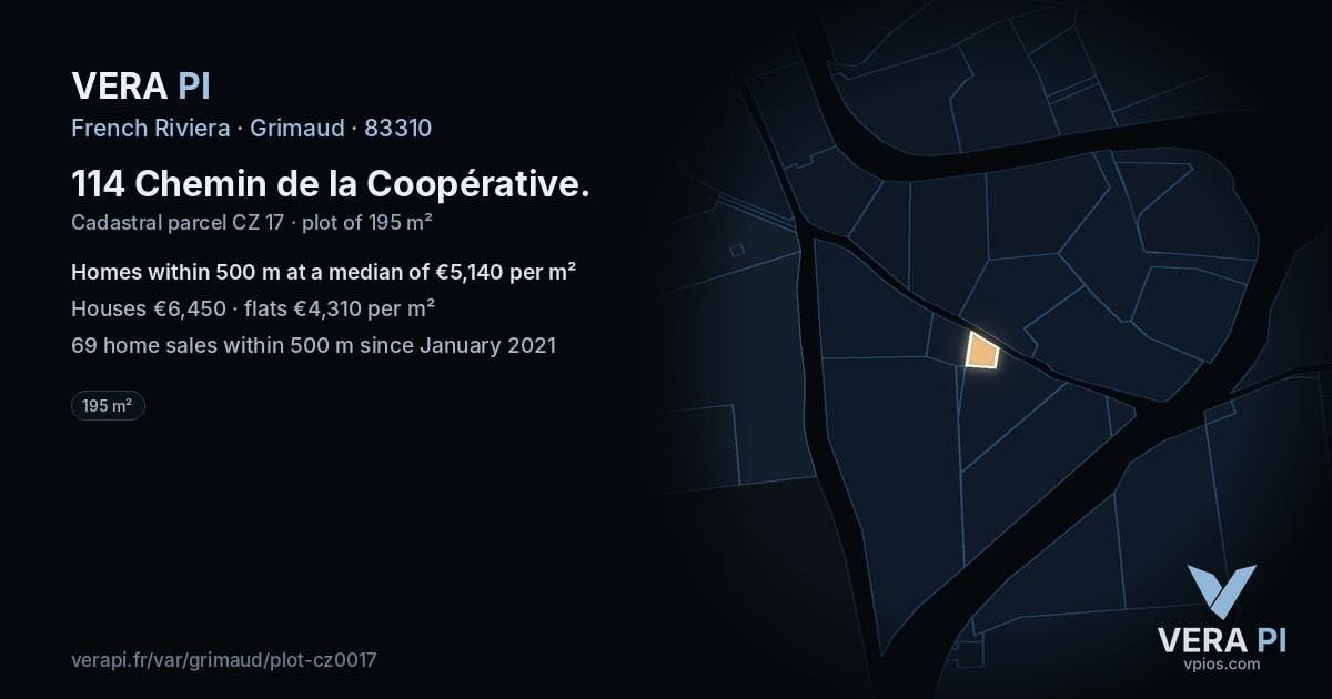114 Chemin de la Coopérative, Grimaud at night – the plot lit, the parcels around coloured by the prices near them