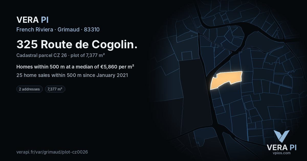 325 Route de Cogolin, Grimaud at night – the plot lit, the parcels around coloured by the prices near them