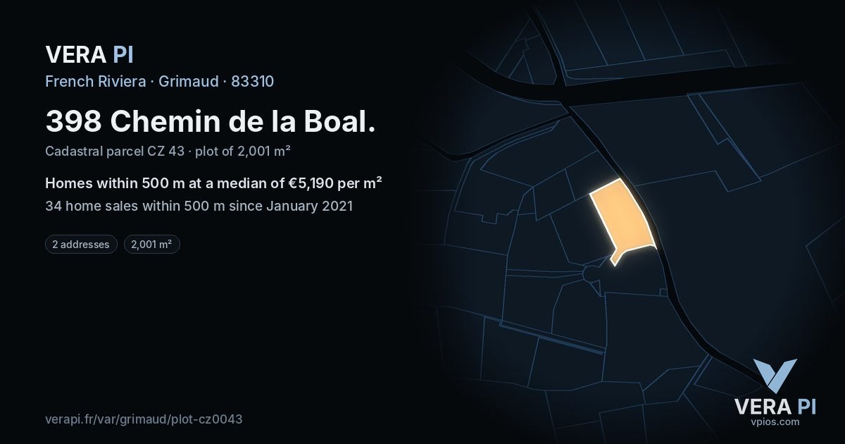 398 Chemin de la Boal, Grimaud at night – the plot lit, the parcels around coloured by the prices near them