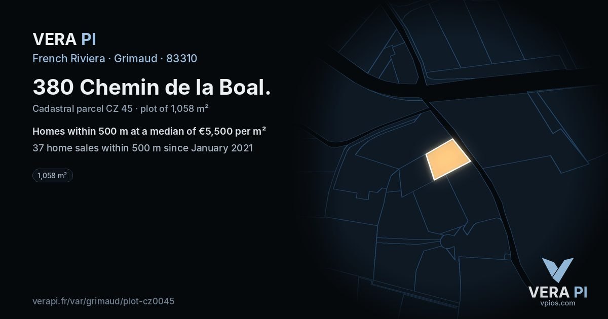 380 Chemin de la Boal, Grimaud at night – the plot lit, the parcels around coloured by the prices near them