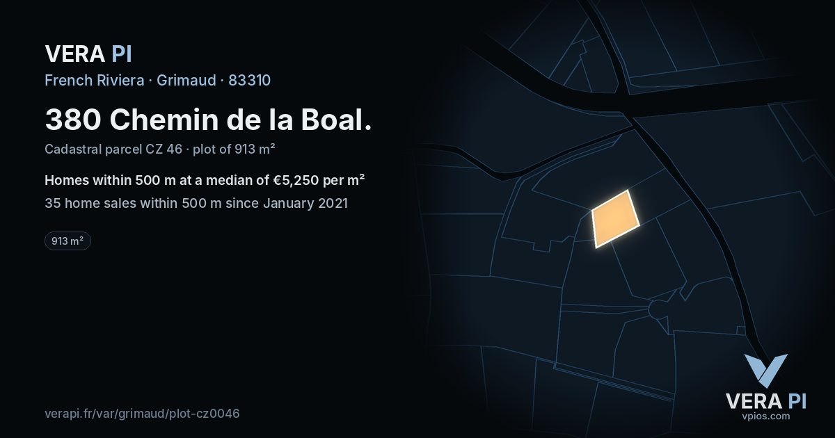 380 Chemin de la Boal, Grimaud at night – the plot lit, the parcels around coloured by the prices near them