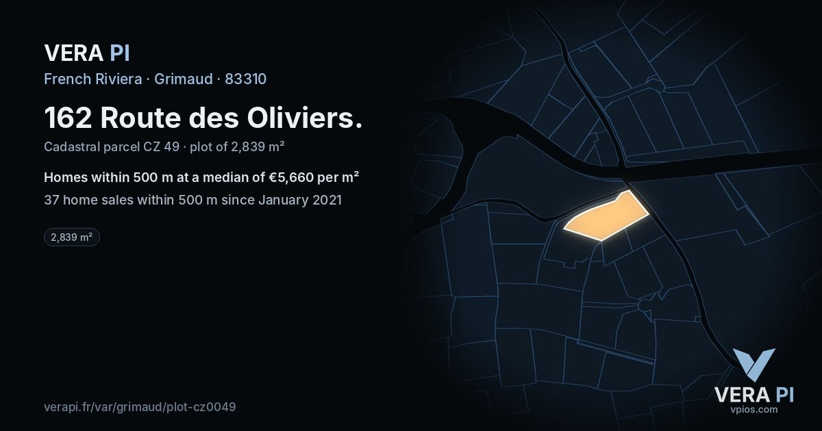162 Route des Oliviers, Grimaud at night – the plot lit, the parcels around coloured by the prices near them
