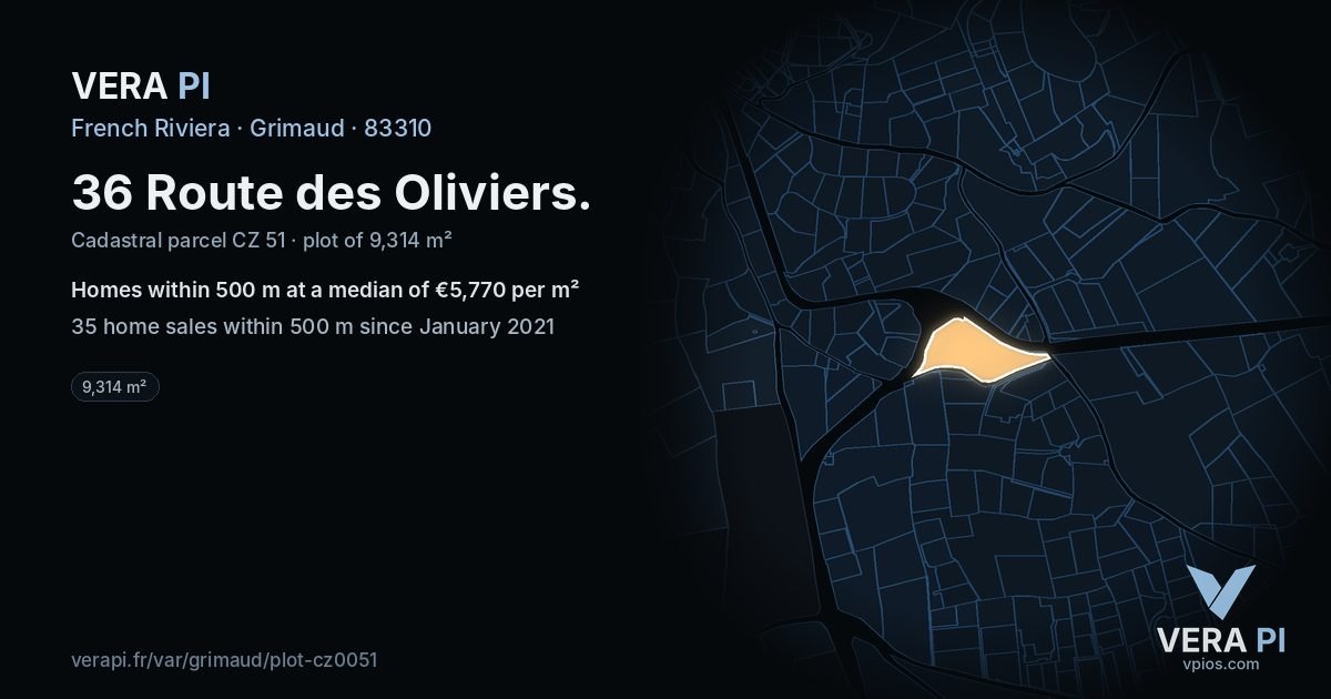 36 Route des Oliviers, Grimaud at night – the plot lit, the parcels around coloured by the prices near them