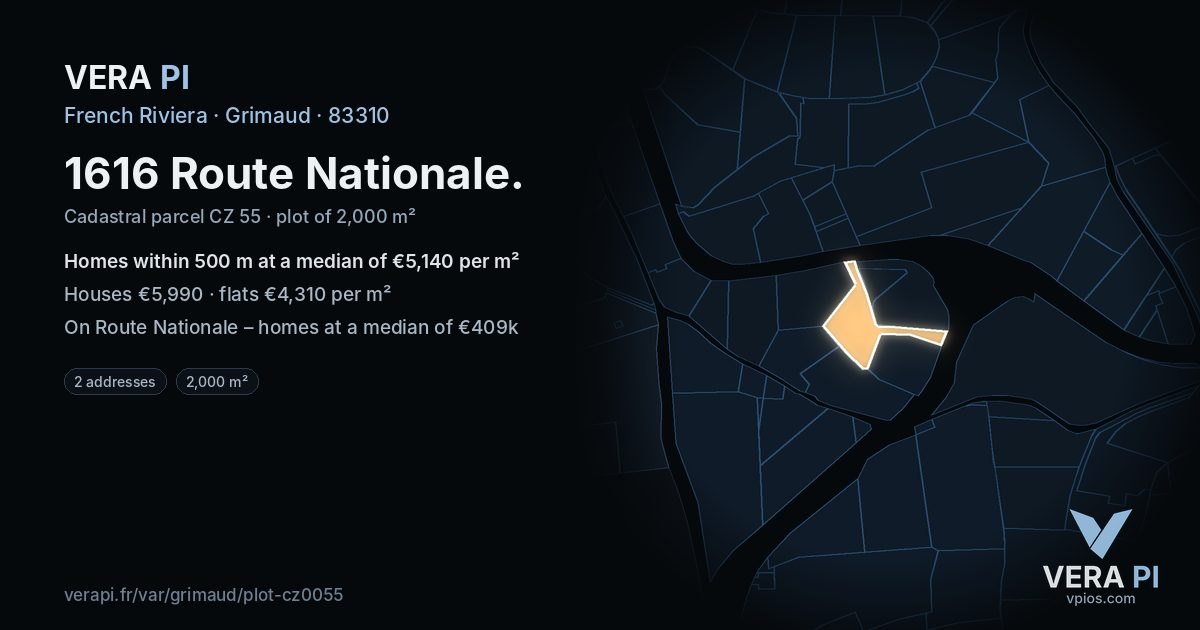1616 Route Nationale, Grimaud at night – the plot lit, the parcels around coloured by the prices near them