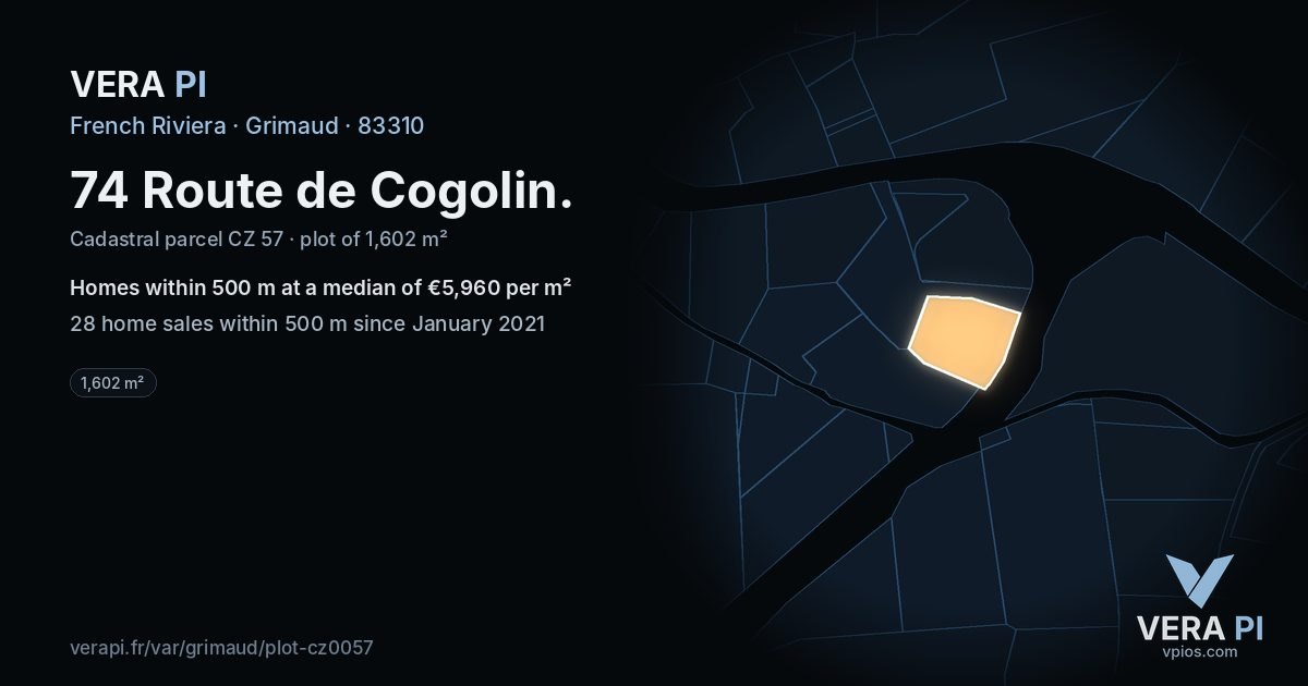 74 Route de Cogolin, Grimaud at night – the plot lit, the parcels around coloured by the prices near them