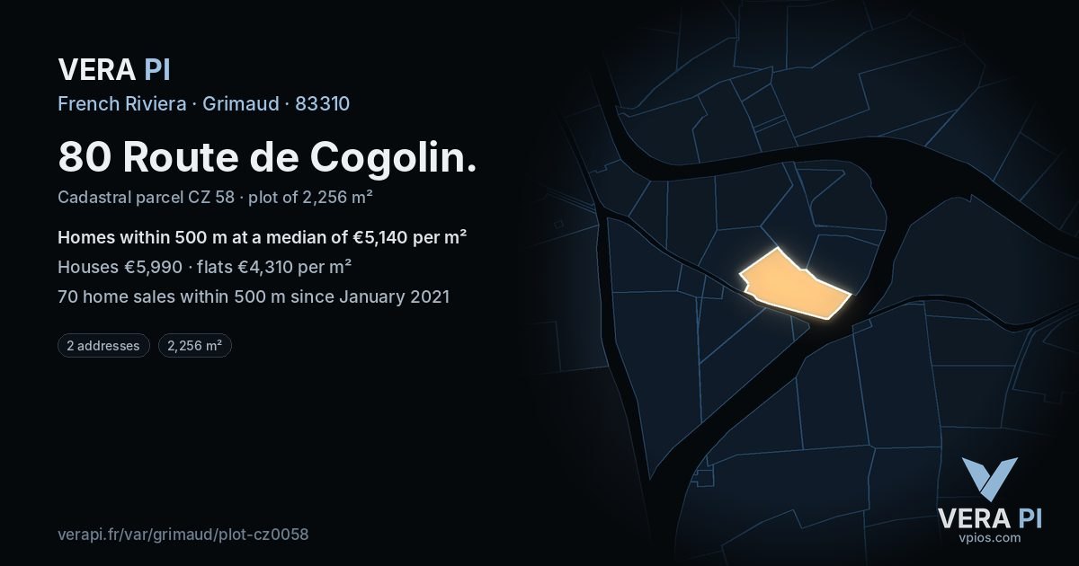 80 Route de Cogolin, Grimaud at night – the plot lit, the parcels around coloured by the prices near them