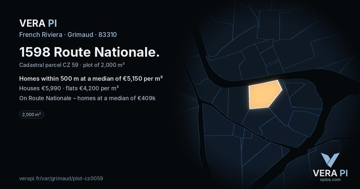 1598 Route Nationale, Grimaud at night – the plot lit, the parcels around coloured by the prices near them