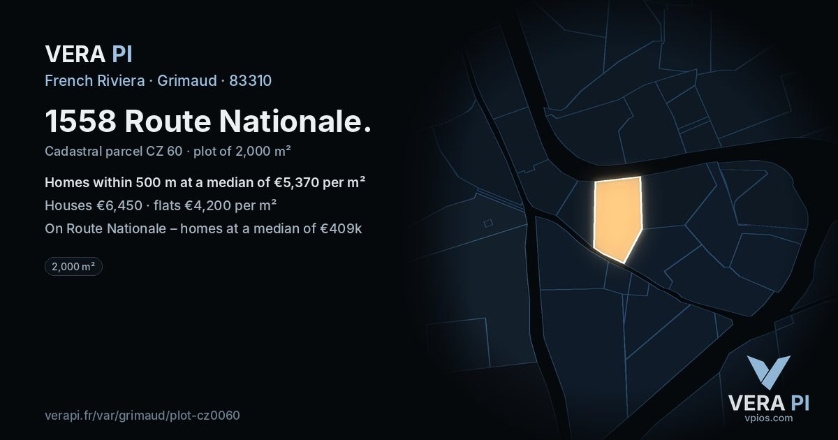 1558 Route Nationale, Grimaud at night – the plot lit, the parcels around coloured by the prices near them