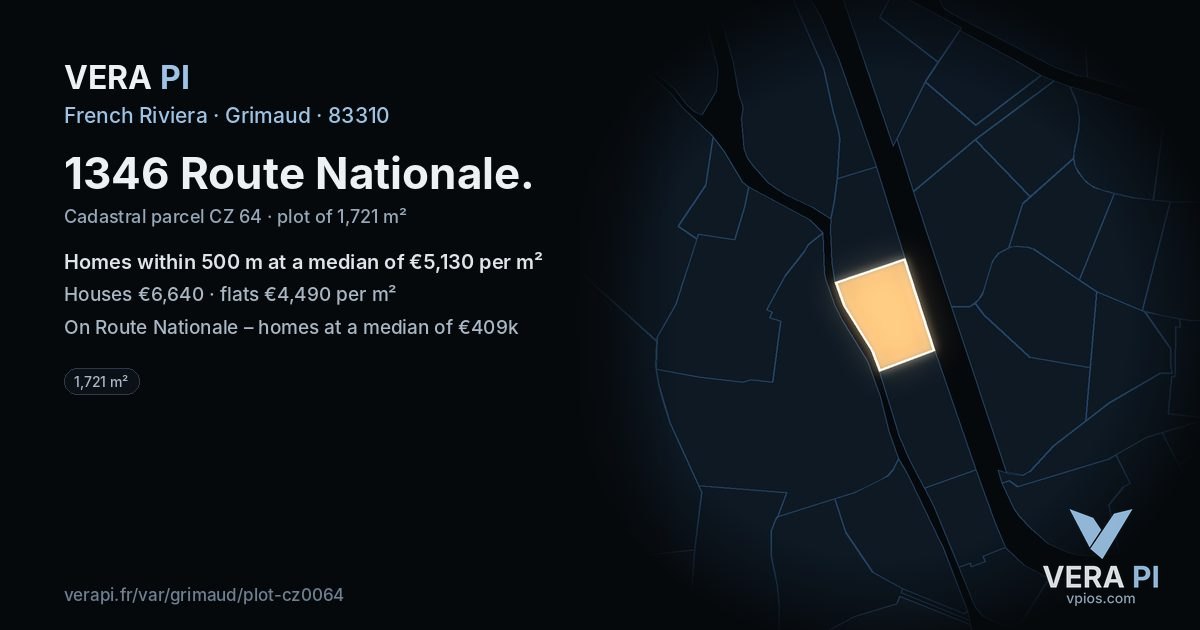 1346 Route Nationale, Grimaud at night – the plot lit, the parcels around coloured by the prices near them