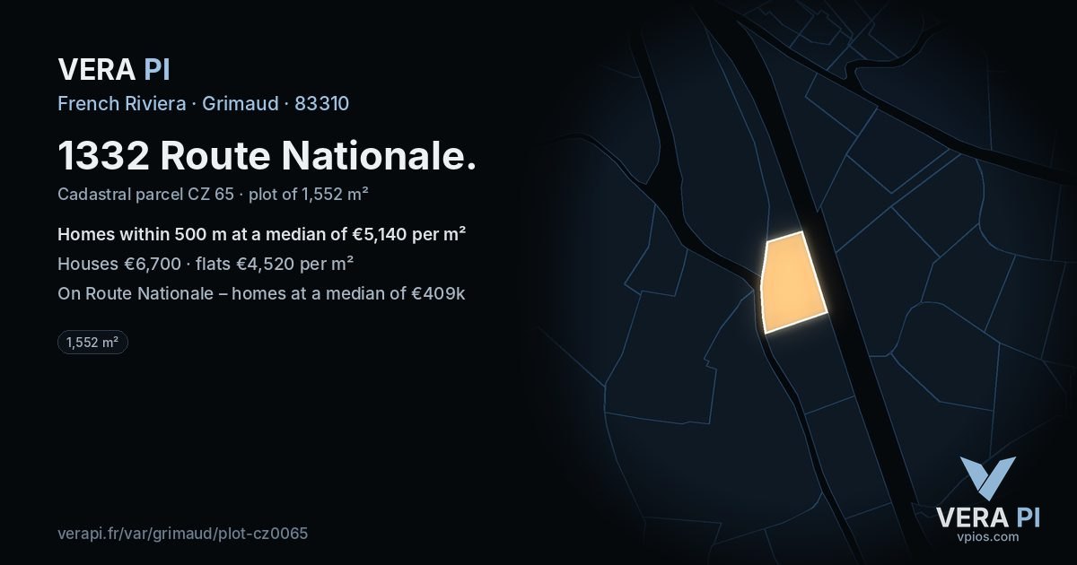 1332 Route Nationale, Grimaud at night – the plot lit, the parcels around coloured by the prices near them
