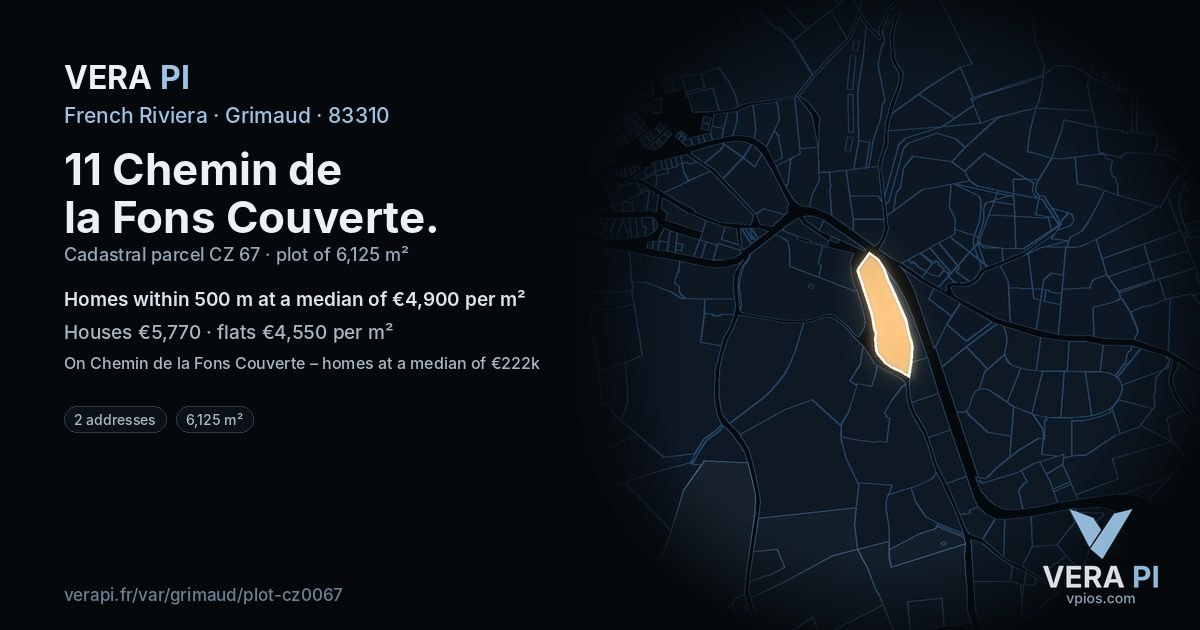 11 Chemin de la Fons Couverte, Grimaud at night – the plot lit, the parcels around coloured by the prices near them